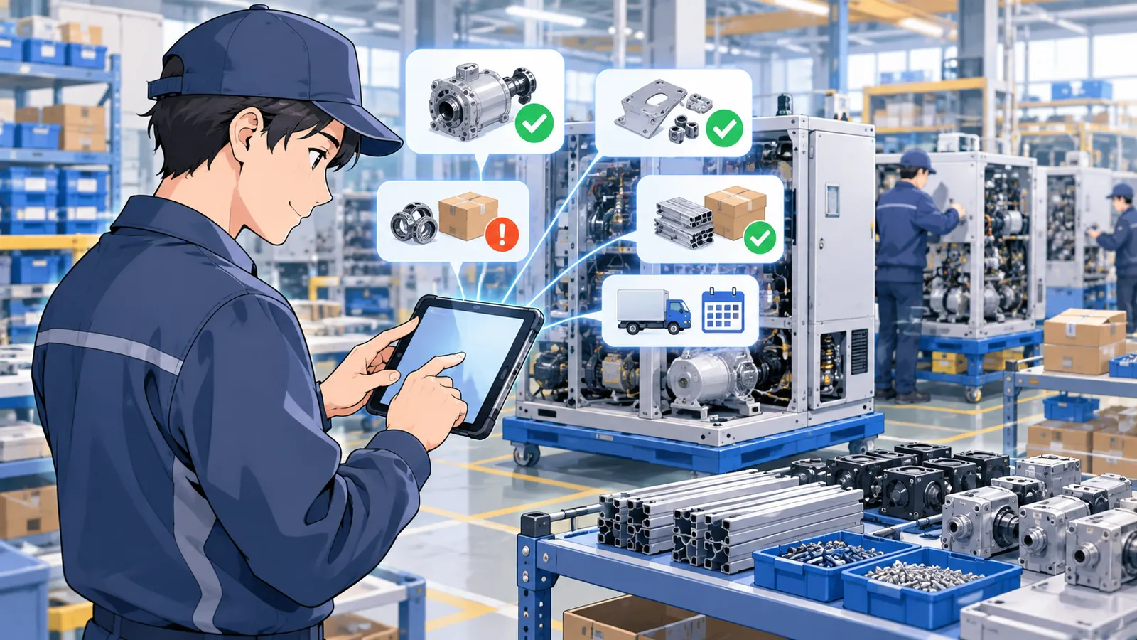 組立中の装置の前で、タブレットで部品の揃い具合と入荷予定を確かめる作業者のイラスト