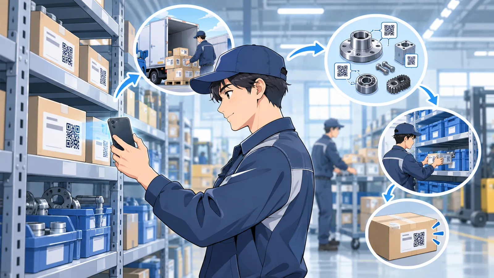 棚の箱のQRをスマホで読み取る作業者と、入荷・部品の確認・棚への保管・梱包した在庫品までの流れのイラスト