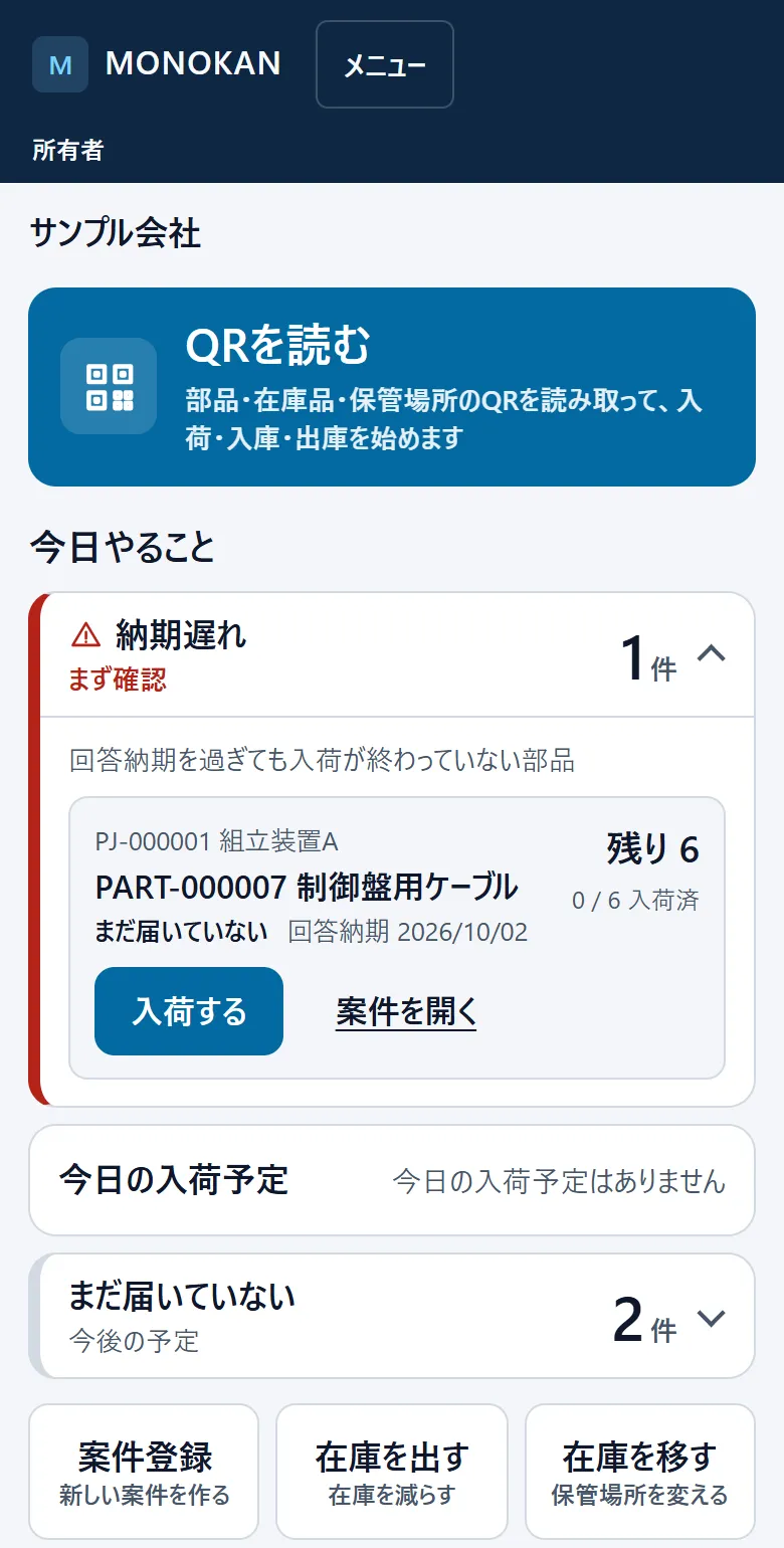 MONOKANのスマホのホーム画面。QRを読むボタンと、今日やることとして回答納期を過ぎた部品1件（残り6、回答納期2026/10/02）と「入荷する」ボタンが表示されている